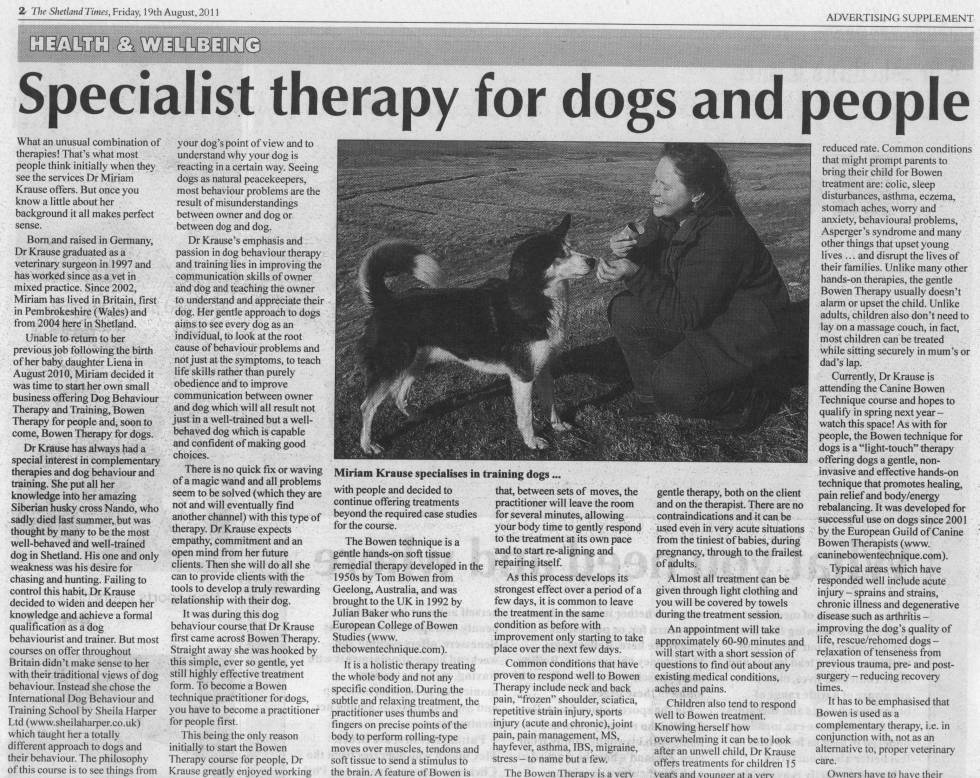 Shetland Times article, part 1: 'Specialist therapy for dogs and people', 19th Aug 2011