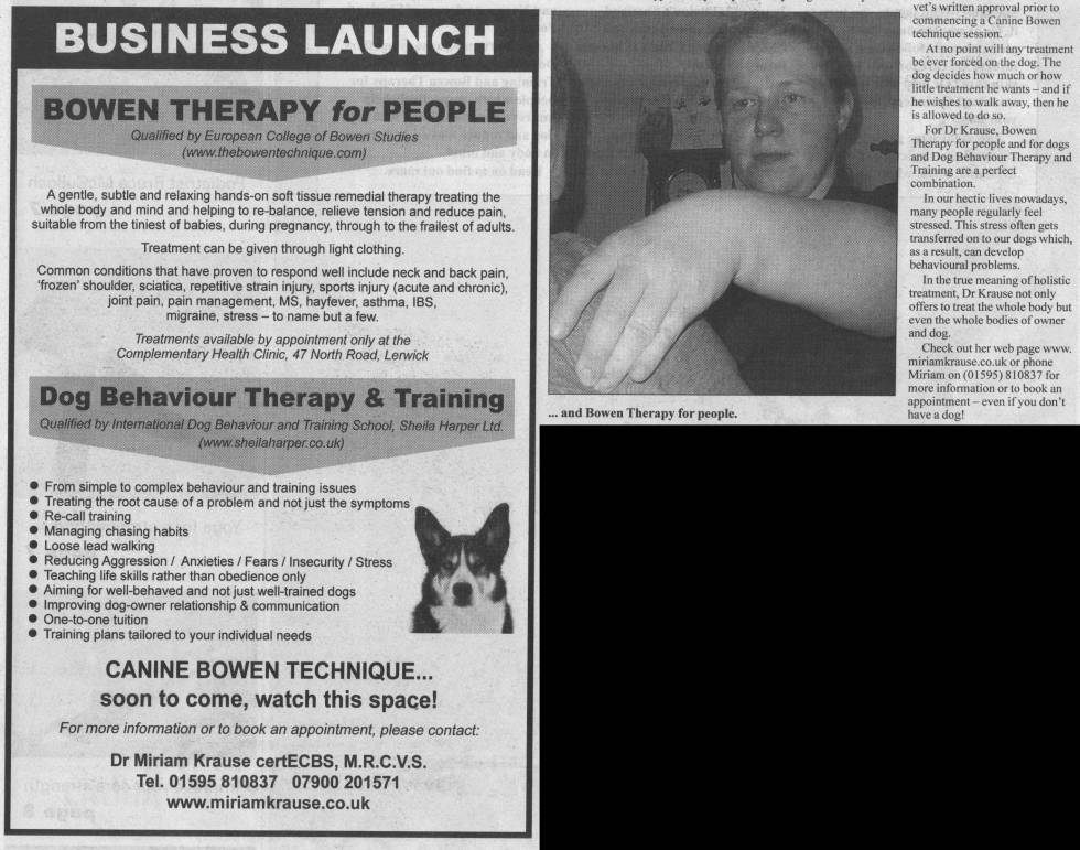 Shetland Times article, part 2: 'Specialist therapy for dogs and people', 19th Aug 2011